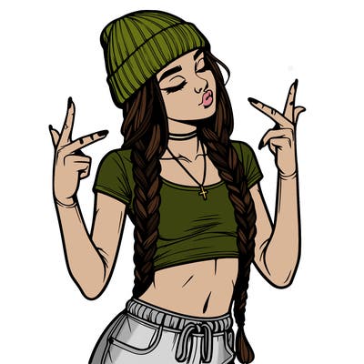 realistic teenage girl with braids and a beanie and crop top doing 🫶🏼