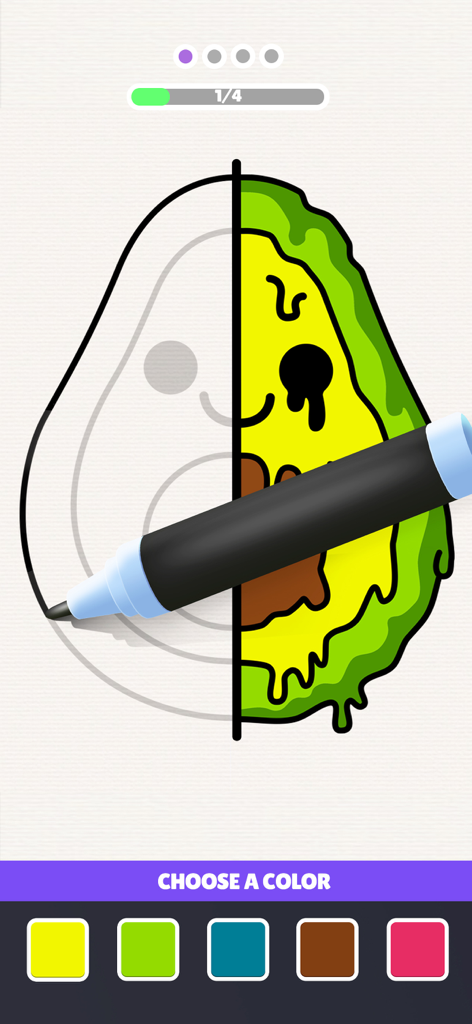 Drawing Carnival - Drawing Carnival app gameplay showing a digital marker coloring a cartoon avocado character