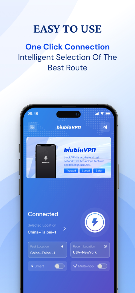 biubiuVPN : VPN - biubiuVPN app interface on a smartphone showing a one-click connection button and intelligent route selection