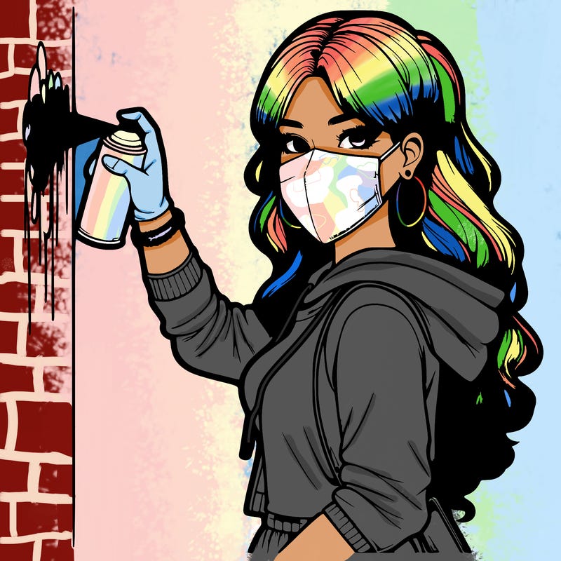 realistic girl with mask spray painting a wall