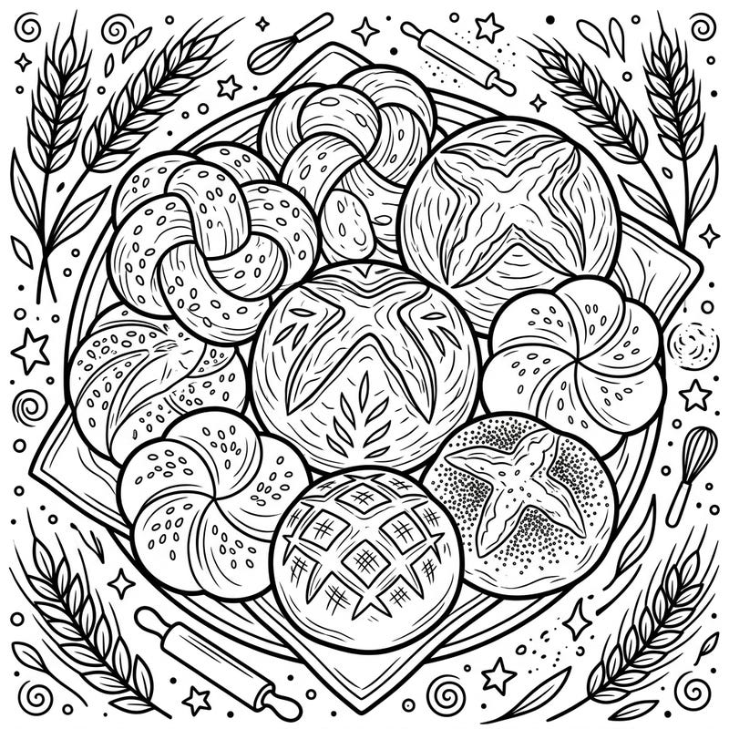 Dive into the delightful world of baking with this intricate coloring page featuring a variety of artisan dinner rolls. Designed for teens, it offers a relaxing and creative escape to customize your own delicious culinary scene.