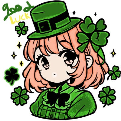 a manga-style girl with clovers around her, a little hat in her hair, like it's saint patrick's day