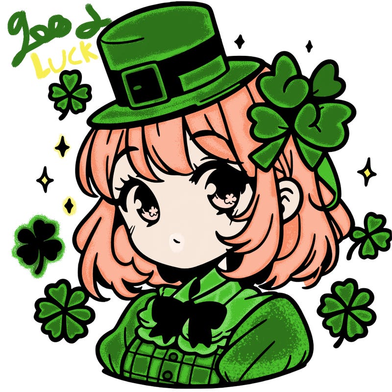 a manga-style girl with clovers around her, a little hat in her hair, like it's saint patrick's day
