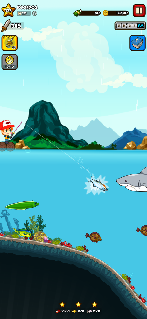 Fishing Break - A character catches a fish near a large shark in the mobile game Fishing Break.