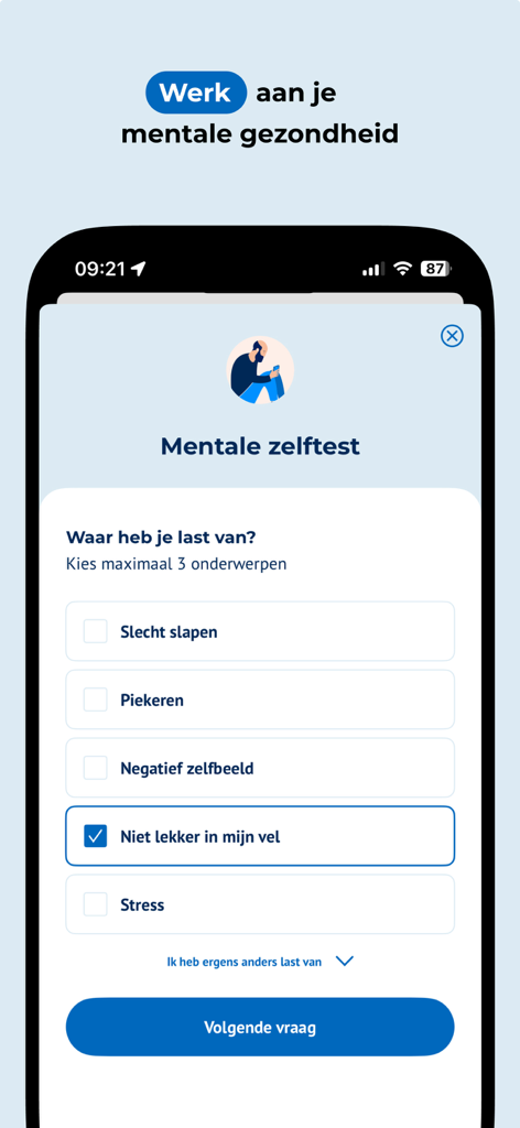 ZelfZorgWijzer - A mental health self-test interface in the ZelfZorgWijzer app featuring symptoms like stress and sleep issues.