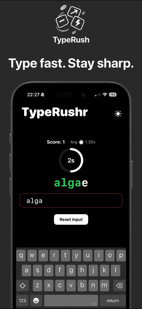 TypeRushr – Fast Typing Game - Écran de jeu de l'application TypeRushr montrant un défi de frappe de mots chronométré en mode sombre