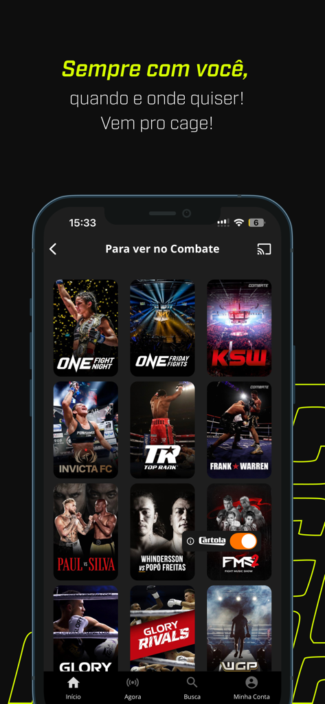 Combate Play - Interface móvel do aplicativo Combate Play mostrando uma variedade de eventos de esportes de combate, incluindo MMA e boxe