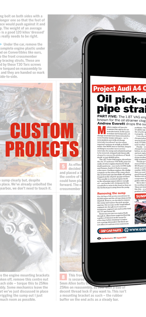 A smartphone displaying a technical Audi A4 repair article within the Car Mechanics Magazine app