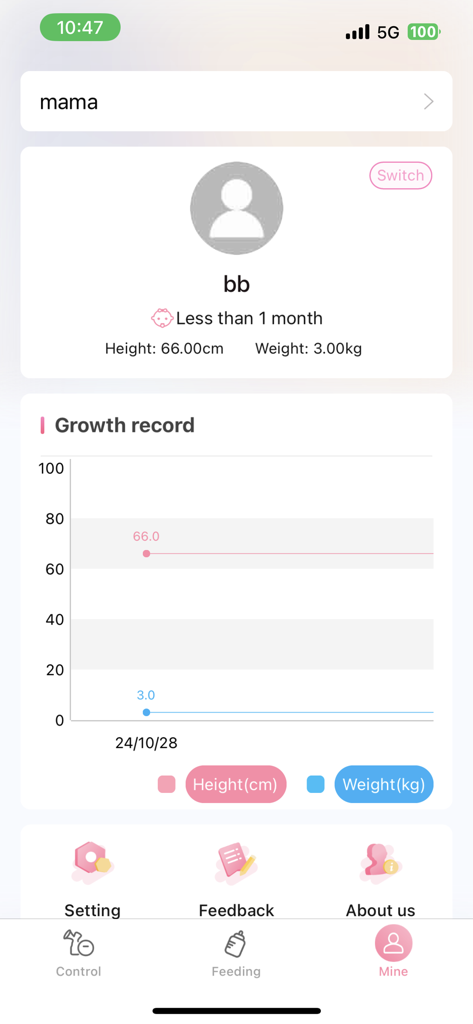 Horigen - Horigen app interface showing baby growth record with height and weight data charts