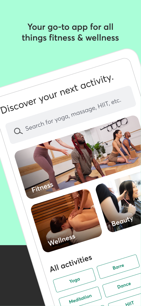 Mindbody: Fitness & Wellness - Pantalla de la aplicación Mindbody para descubrir y reservar servicios de fitness, bienestar y belleza