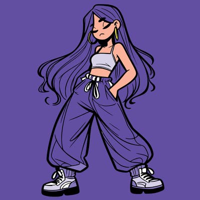 girl in baggy pants crop top and long hair
