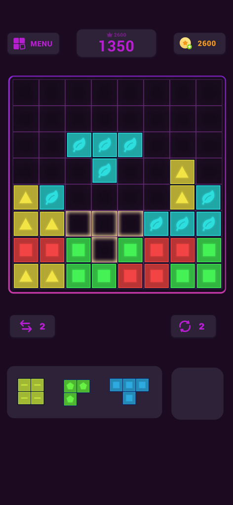 Block Puzzle - Puzzle Games * - Captura de pantalla del juego de Block Puzzle que muestra una cuadrícula de 10x10 con bloques coloridos en modo oscuro.