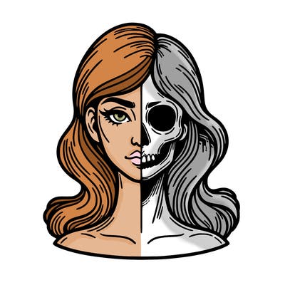 bust of a woman, half face and hair, half skull