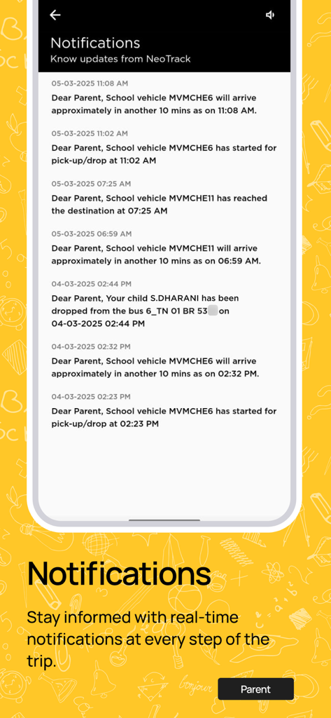 NeoTrack - School Bus Tracking - Screen showing real-time school bus arrival and drop-off notifications in the NeoTrack app