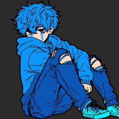 a male hoddie ripped jeans messy hair anime