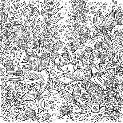 Immerse yourself in a tranquil underwater scene where mermaids unwind with their favorite weekend activities. This detailed coloring page invites you to bring a world of aquatic relaxation to life with your colors.