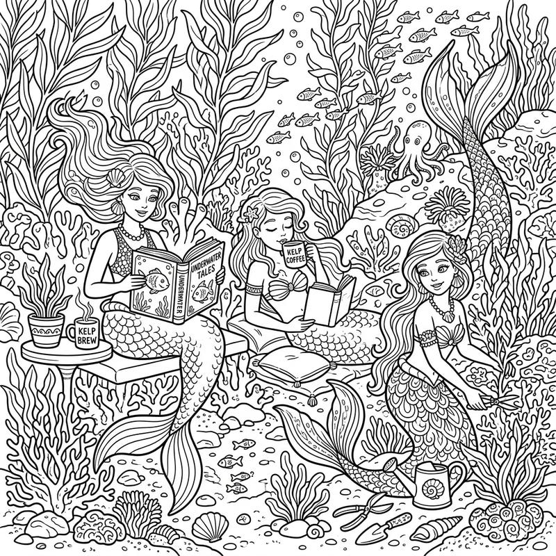 Immerse yourself in a tranquil underwater scene where mermaids unwind with their favorite weekend activities. This detailed coloring page invites you to bring a world of aquatic relaxation to life with your colors.