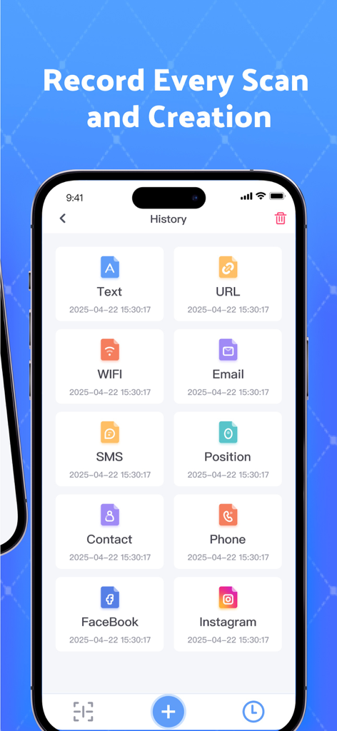 Un'interfaccia di app mobile che mostra un registro cronologico di codici QR scansionati e creati, organizzati per categorie come URL, WIFI e social media