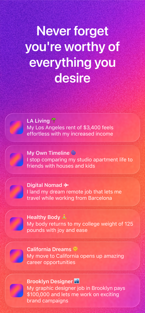 shimmer: daily affirmations - A screen showing various daily affirmations for career and lifestyle goals on a purple gradient background