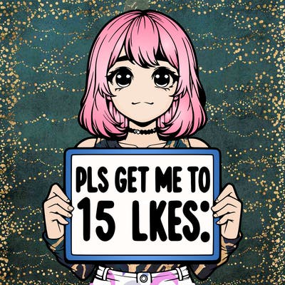 realistic girl holding up a sign that says “pls get me to 15 likes!”