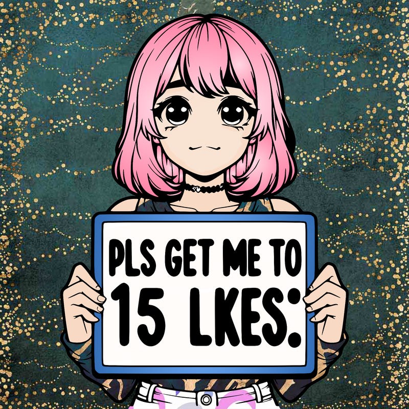 realistic girl holding up a sign that says “pls get me to 15 likes!”