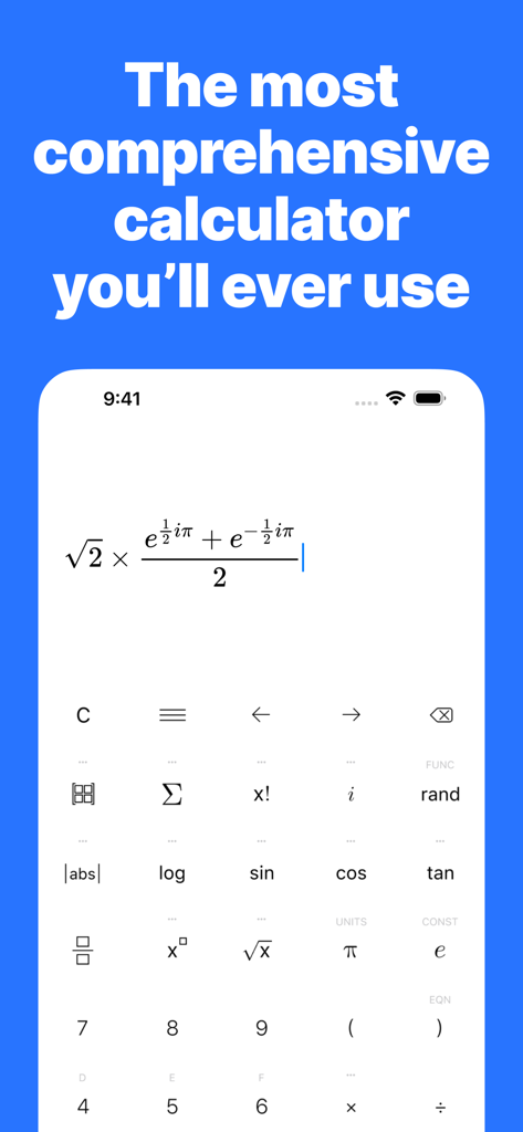 TechniCalc app interface showing complex equation entry with an advanced mathematical keypad