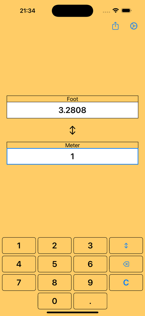 Interfaz de la aplicación Pies a Metros mostrando la conversión de 1 metro a pies con un teclado numérico.