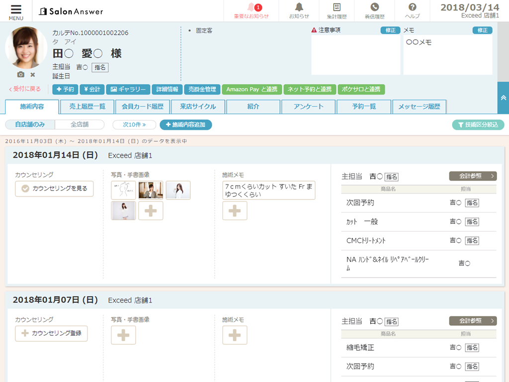 SalonAnswer - iPad screenshot of the SalonAnswer app showing a client profile with detailed treatment history and visit notes