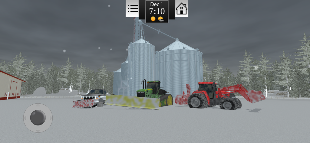 A pickup truck and tractors equipped with snow plows on a farm during winter