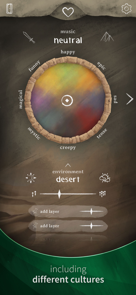 Interface of SoundTale app featuring a mood wheel for music and environment controls for a desert setting.