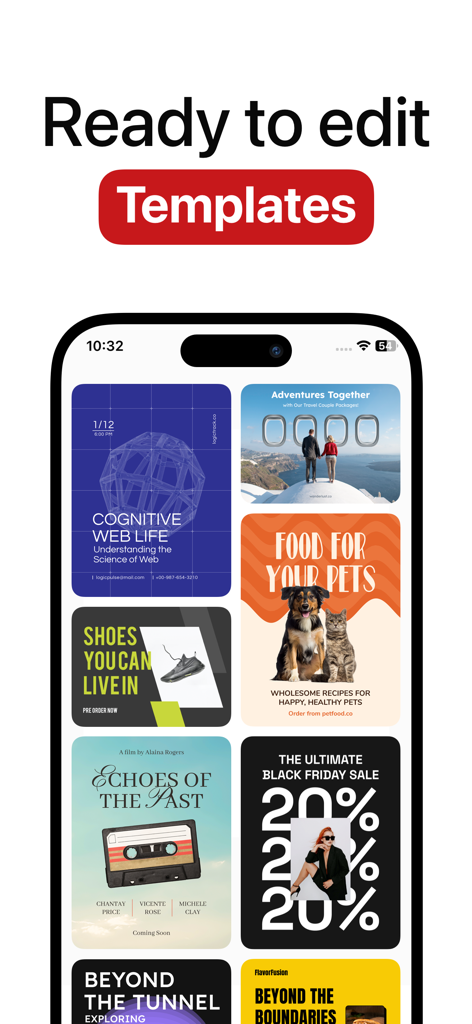 Poster Maker Flyer Maker Posta - A smartphone screen displaying various minimalist and professional poster templates in the Posta app