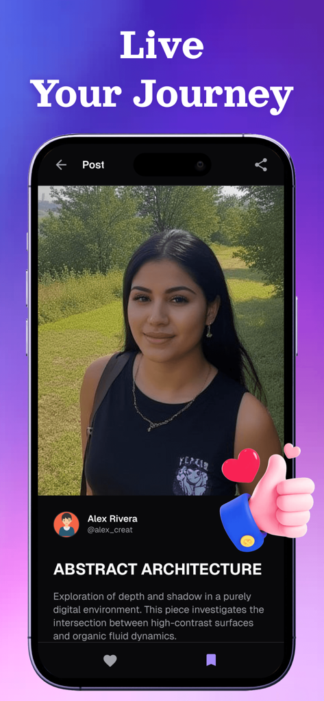 Obsidian: Always Together - A smartphone showing a community post in the Obsidian Always Together app with the slogan Live Your Journey