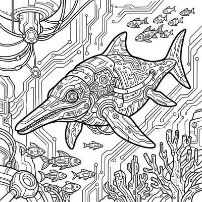 Explore a mesmerizing blend of prehistoric marine life and futuristic technology with this unique Shonisaurus Cyberpunk coloring page. Immerse yourself in a high-tech underwater world filled with intricate details and mechanical wonders, waiting for your creative touch.
