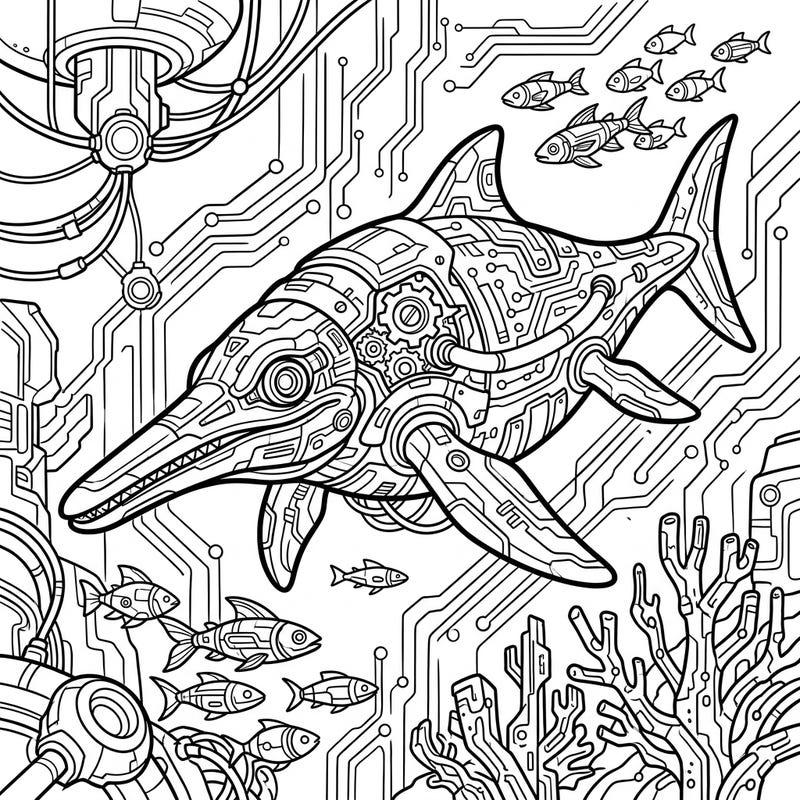Explore a mesmerizing blend of prehistoric marine life and futuristic technology with this unique Shonisaurus Cyberpunk coloring page. Immerse yourself in a high-tech underwater world filled with intricate details and mechanical wonders, waiting for your creative touch.