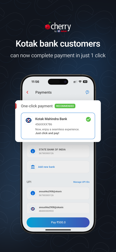 Kotak Cherry: MFs, SIPs - Kotak Cherry app payment screen showing one click checkout for bank customers