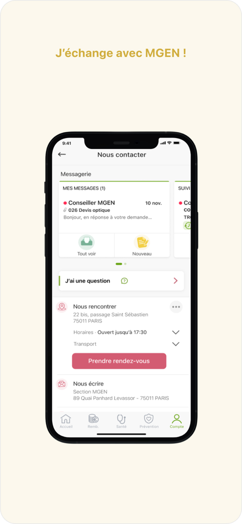 Mutuelle MGEN Espace personnel - Interface de l'application MGEN montrant les options de contact, y compris la messagerie sécurisée et la prise de rendez-vous.