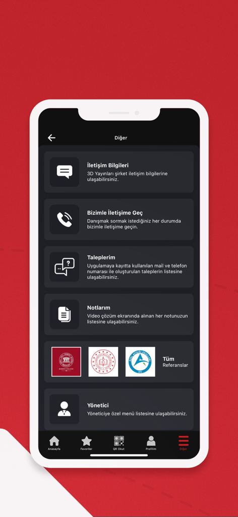 3D Mobil - Interface of the 3D Mobil educational app showing the other menu screen with contact information and notes sections in dark mode