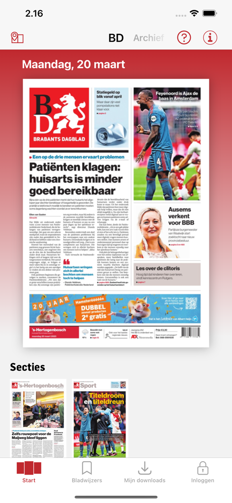 BD - Digitale krant - Digital replica of the Brabants Dagblad newspaper front page on a mobile device