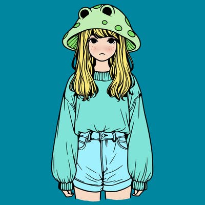 a realistic girl with a frog hat and baggy mushroom shirt