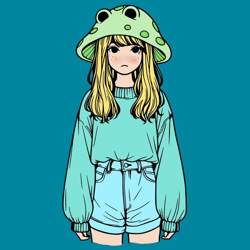 a realistic girl with a frog hat and baggy mushroom shirt