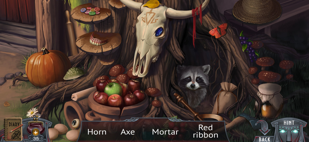 Bathory - The Bloody Countess - Jeu d'objets cachés dans Bathory : La Comtesse Sanglante, avec un raton laveur dans un arbre creux et un crâne d'animal