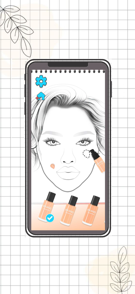 Boceto de maquillaje digital que muestra la aplicación de base en la aplicación Face Chart