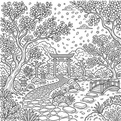 Step into a serene Japanese cherry blossom garden with this beautiful and intricate coloring page. Featuring blooming trees, a torii gate, and a tranquil pond, it's perfect for a relaxing artistic escape.