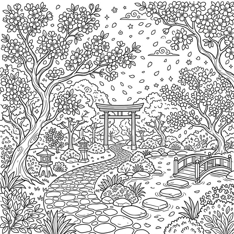 Step into a serene Japanese cherry blossom garden with this beautiful and intricate coloring page. Featuring blooming trees, a torii gate, and a tranquil pond, it's perfect for a relaxing artistic escape.