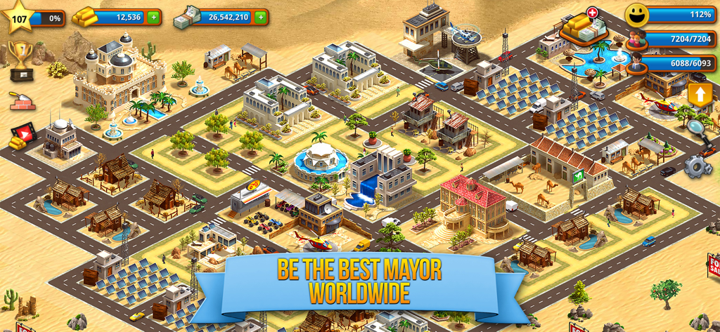 A desert city layout in Tropic Paradise Town Build Sim featuring solar panels and various buildings