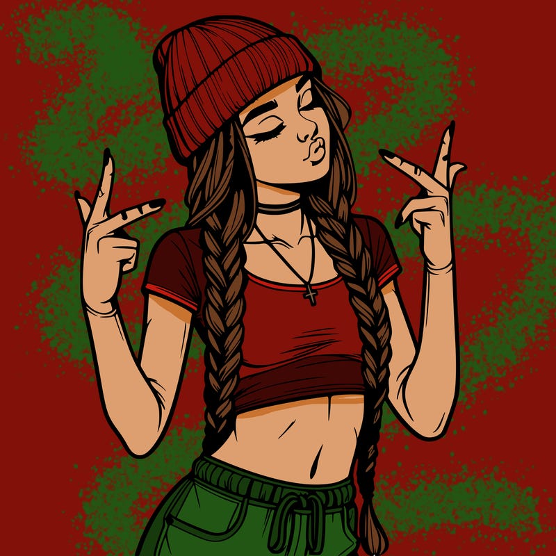 realistic teenage girl with braids and a beanie and crop top doing 🫶🏼