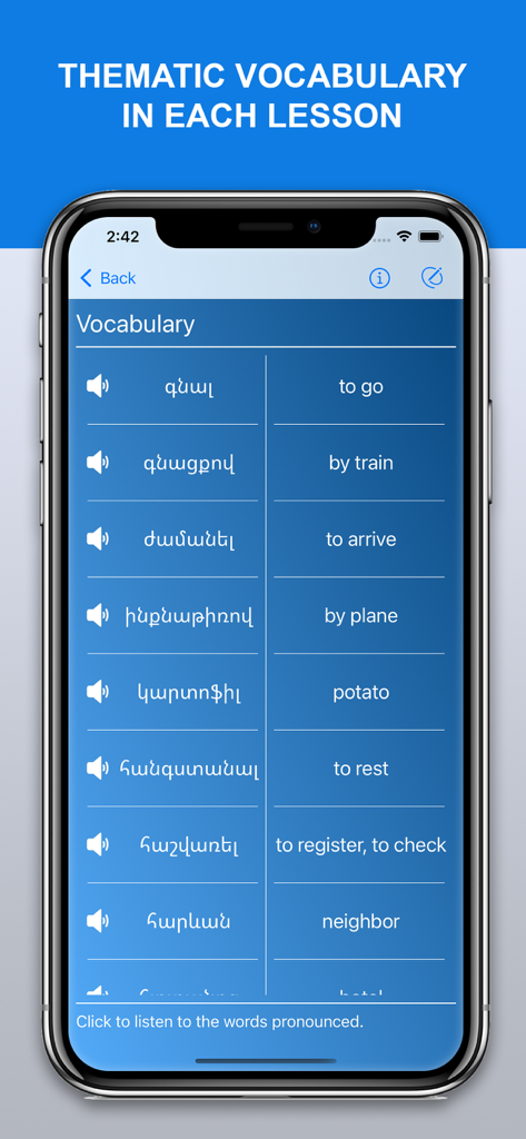 Learn Armenian with AVC - Elenco di vocabolario tematico armeno con traduzioni in inglese e icone di riproduzione audio