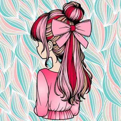 realistic girl  with hip length hair a bun and a big bow on the back of head