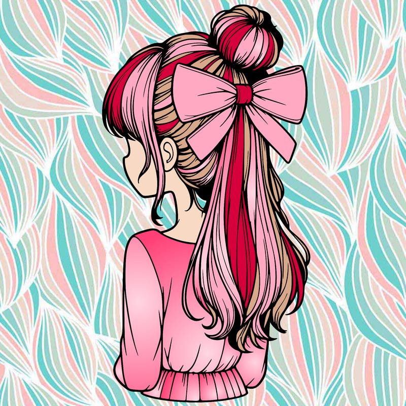 realistic girl  with hip length hair a bun and a big bow on the back of head