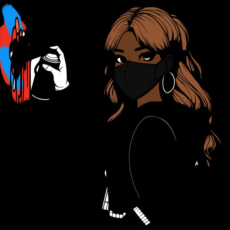 realistic girl with mask spray painting a wall